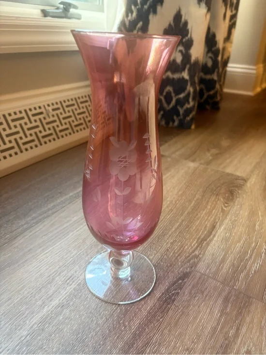 Vintage Cranberry Etched Glass Hurricane Vase
