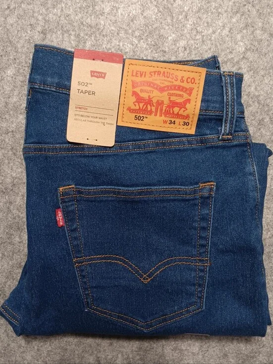 Levis 502 Jeans Mens 34x30 Blue Taper Fit Dark Wash Stretch Denim Preppy NEW