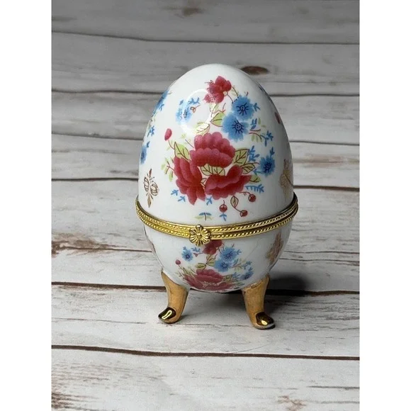 Porcelain Egg‎ Trinket Box White Floral Hinged Footed 4.25in