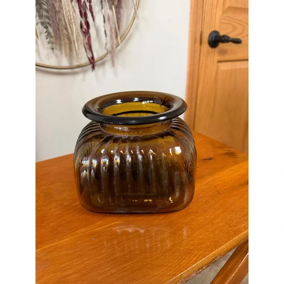 Vintage Amber Glass Ribbed Square Vase Mid Century Modern Decorative Jar