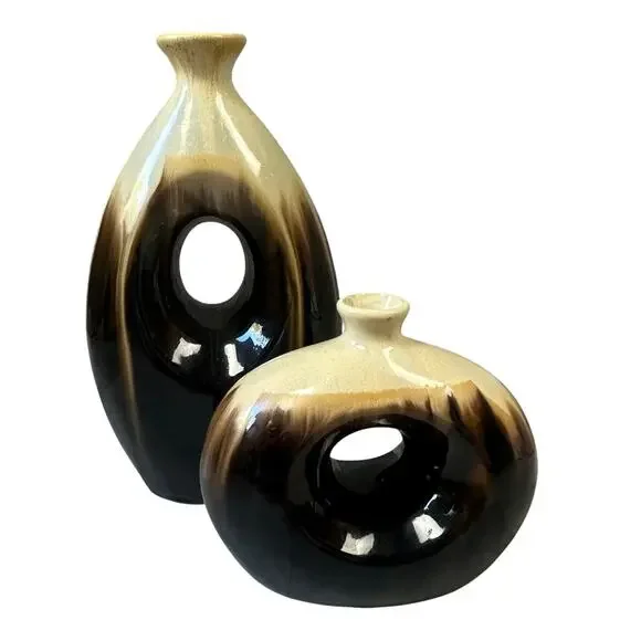 Pair of 2 Vases MCM Mid Century Modern Ceramic Brown Tan Beige Oval Circle