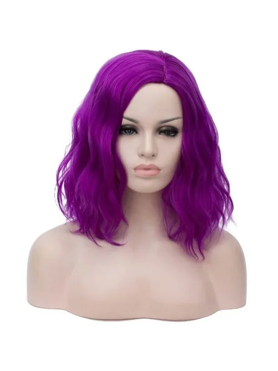 Women's 14 Inch Purple Dark Wavy Bob Wig Short Curly Synthetic Heat Resistant