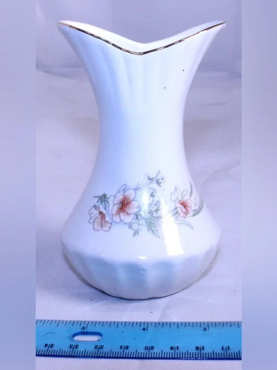 Vintage White Fluted Porcelain Floral Bud Vase Gold Trim
