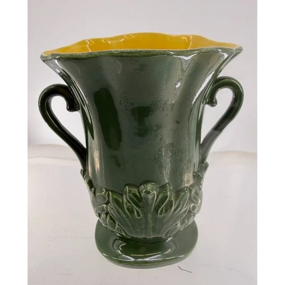 Red Wing Pottery Green Double Handle Art Deco Floral Vase Planter 1357 Vintage