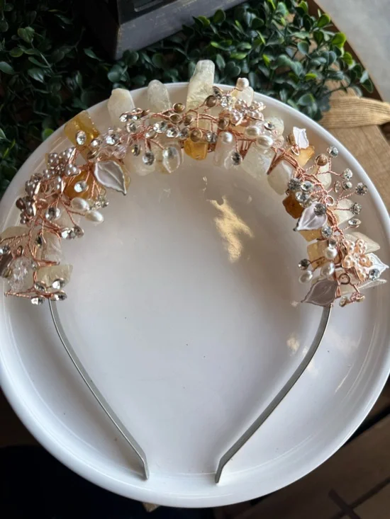 Crystal Crown Headband Rose Gold Wire Wrapped Quartz, Pearl & Rhinestone Tiara
