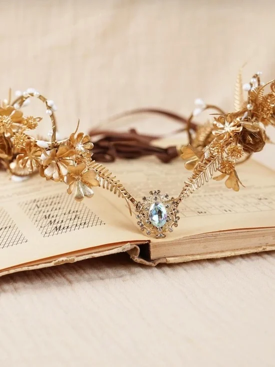 Gold Floral Bridal Crown Boho Goddess Headpiece w/ Crystal + Ribbon Tie