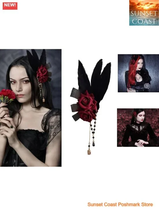 Gothic Rose Feather Hair Clip Handmade Hairpin for Halloween Cosplay