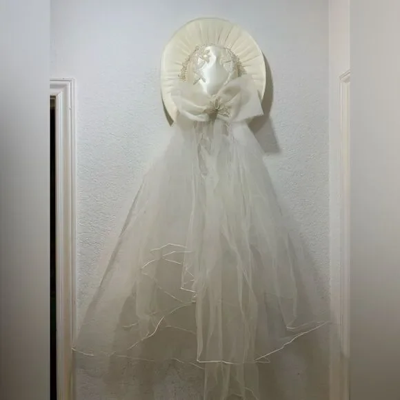 Vintage white beaded bridal hat with attachment tulle veil