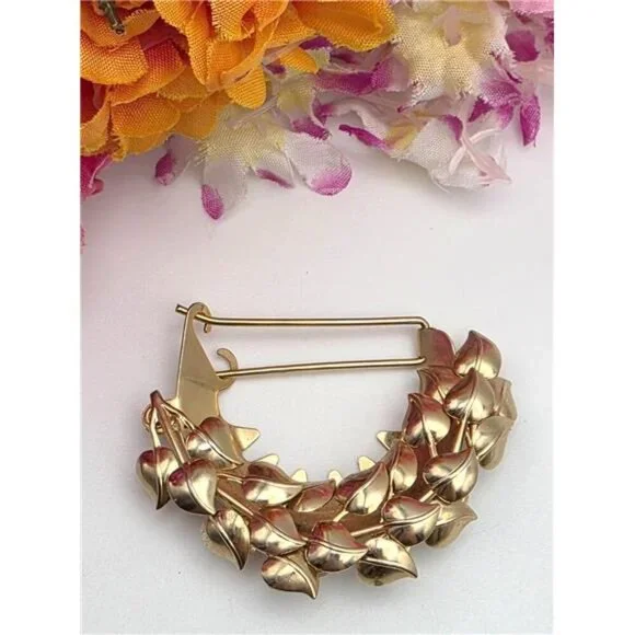 Vintage Gold Tone Half-Wreath Hair Clip Creeping Charlie Leaf Puff 2.25