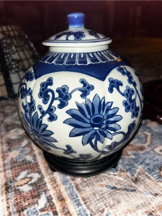 Blue and White Floral Porcelain jar with Lid and stand - Classic Home Accent