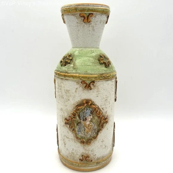 Vintage Italian Majolica Pottery Vase Hand Painted Crackle Glaze Figural Decor