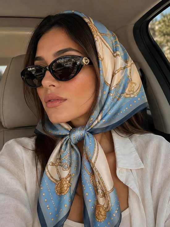 Silk Scarf Headwrap in Blue and Cream - Women's Fashion Accessory