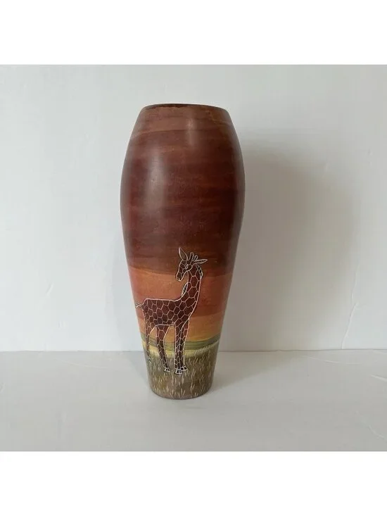 Hand Carved Soapstone Etched Giraffe Tree African Art Vase Made In Kenya