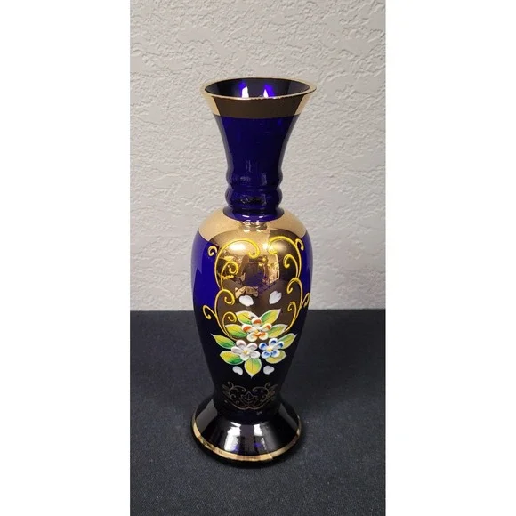 VTG 1960S Norleans Japan Cobalt Blue Art Glass Vase Gold Gilt Raised Floral 8