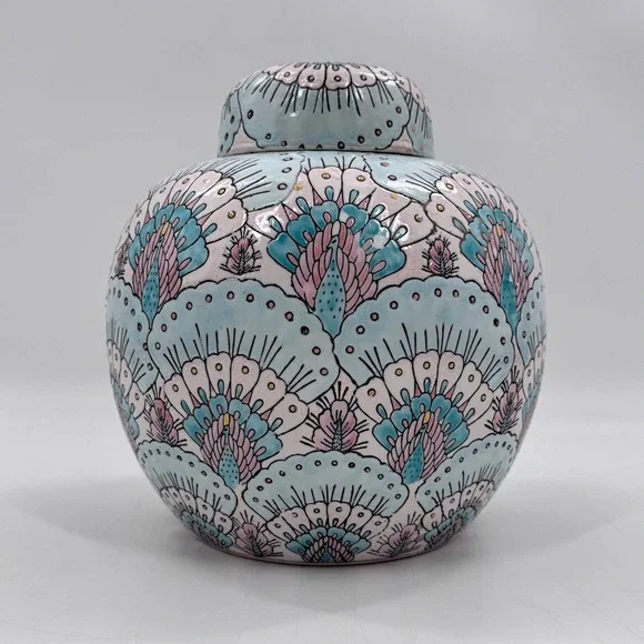Vintage Chinese Porcelain Peacock Ginger Jar Lidded Pastel Pink Hand Painted 11