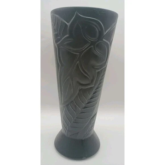 Vintage Hull Art Pottery Vase 292-F Matte Black Tropical Floral Art Deco 12.25