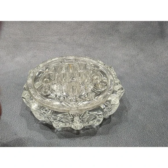 Vintage Clear Pressed Glass Flower Frog and Bowl Set Starburst Pattern 2 Piece