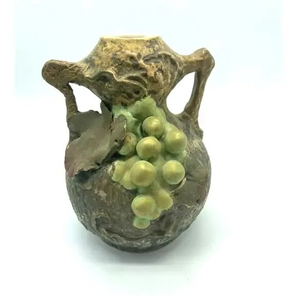 Amphora‎ Art Nouveau Pottery Small Vase with Green Grapes and Leaves