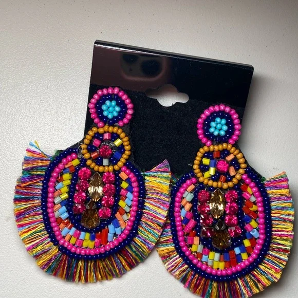 Handcrafted Multicolor Beaded Fringe Statement Earrings - Women Accessories