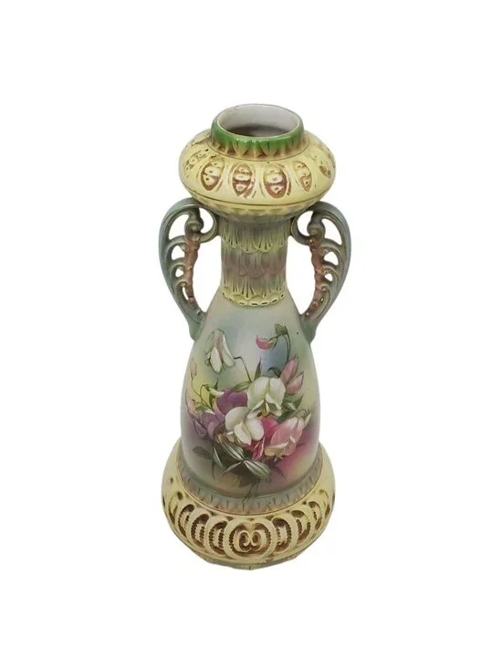 Antique Robert Hanke Austria Porcelain Vase Hand-Painted Floral Pierced Handles