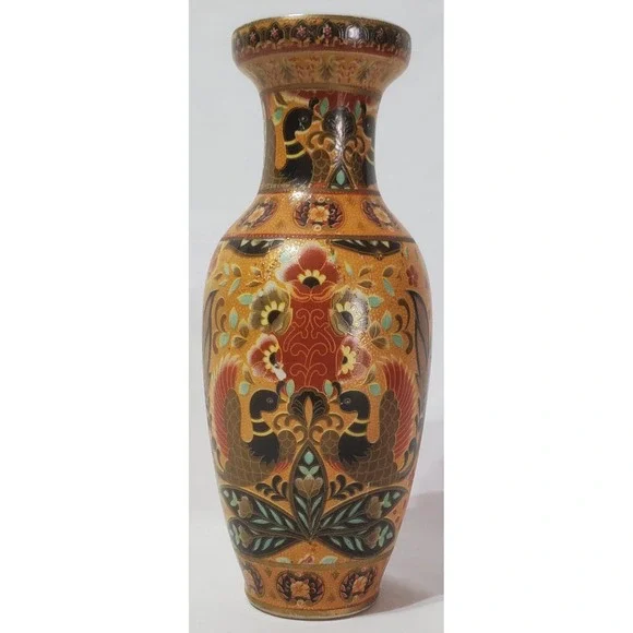 Vintage Chinese Asian Vase Bird Floral Motif 9-3/4