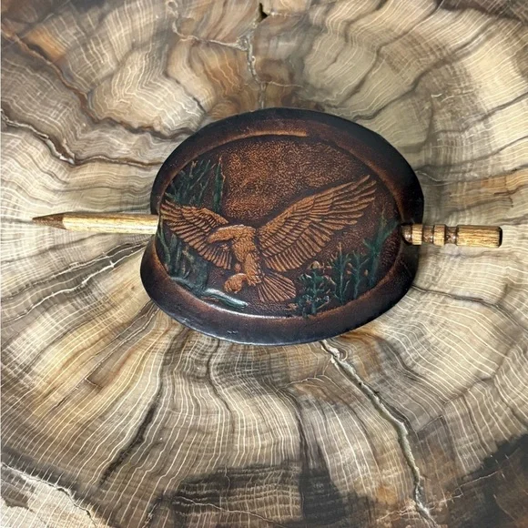 Handcrafted Leather Hair Clip with Embossed Eagle and Engraved Wooden Hair Stick