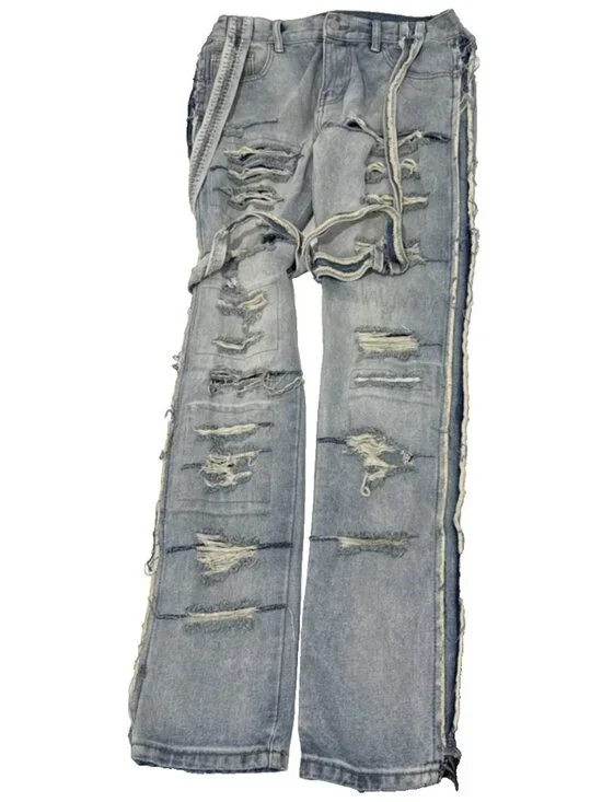mnml Streetwear Torn Ripped Shredded Flared Light Wash Jeans Mens Size 33X36