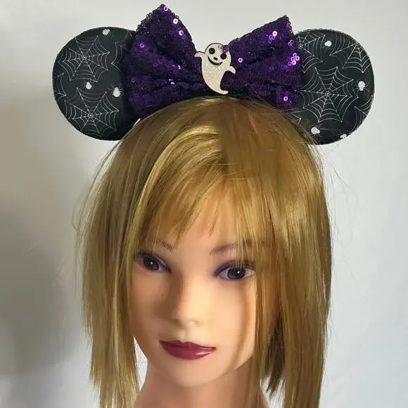 Halloween Mouse Ears Spiderweb Purple Sequin Bow Ghost Headband