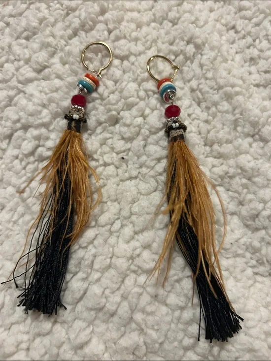 Bohemian Tassel Hoop Earrings with Black and Tan Fringe