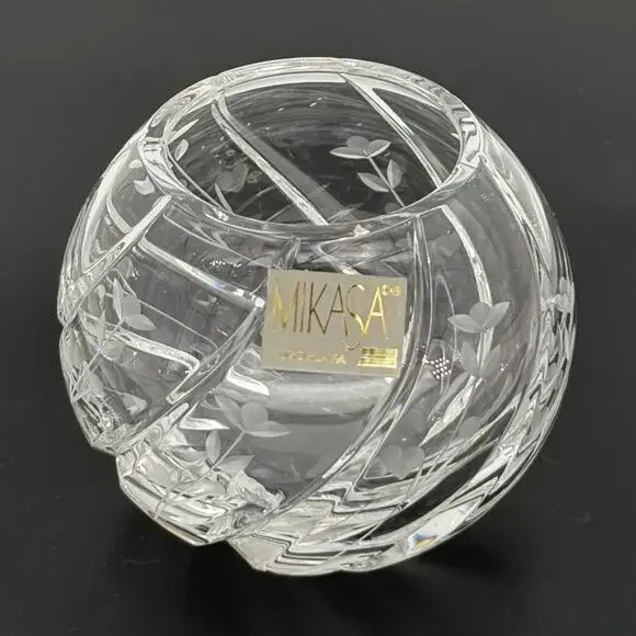 Vintage Mikasa Crystal Rose Bowl Etched Floral Swirl Vase Yugoslavia