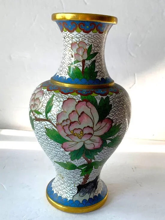 VINTAGE CLOISONNÉ FLOWER FLORAL ENAMEL BRASS VASE MID-20TH CENTURY  HAND-CRAFTED