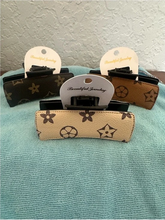 Elegant Neutral Patterned Hair Claw Clip - Beige 3pk