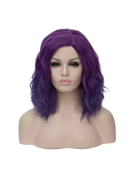 Women's 14 Inch Ombre Purple Wavy Bob Wig Short Curly Synthetic Heat Resistant
