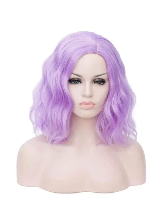 Women's 14 Inch Light Purple Wavy Bob Wig Short Curly Synthetic Heat Resistant