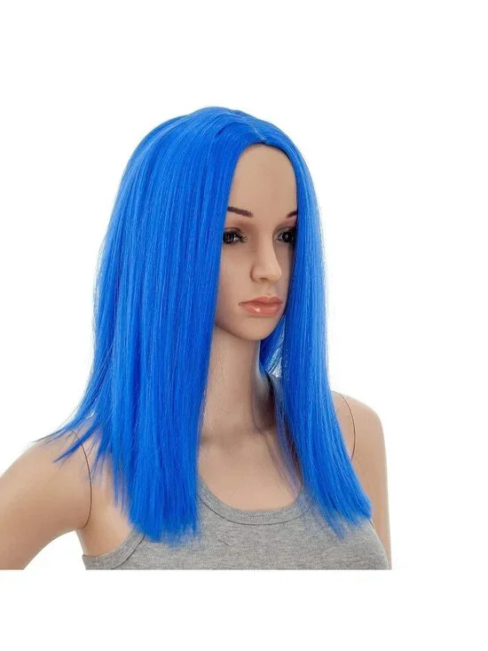 Women's 14 Inch Blue Wig Short Straight Middle Part Synthetic Heat