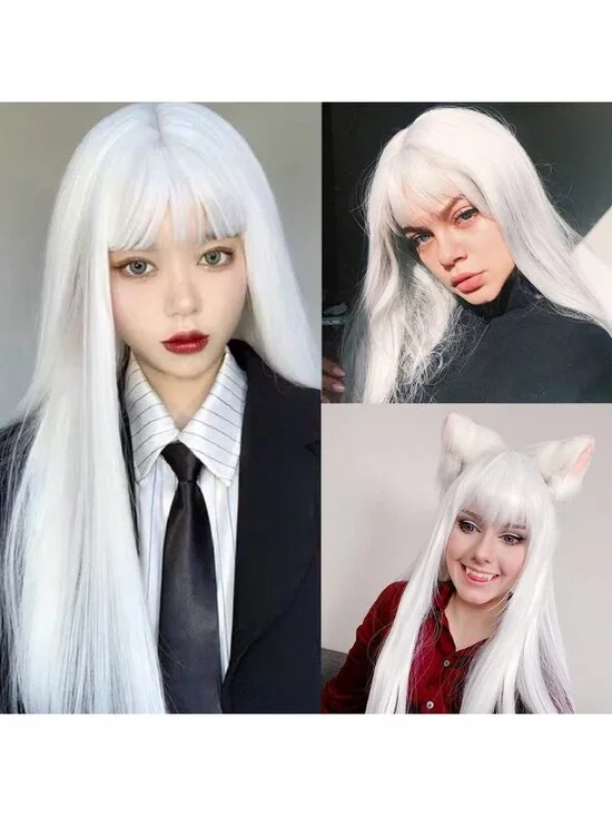 Women's White Long Curly Wig With Wavy Synthetic Cosplay Halloween Wig