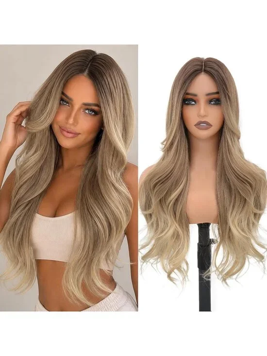 Women's 26 Inch Ombre Blonde Long Wavy Synthetic Glue Less 4x4 Lace Front Wig
