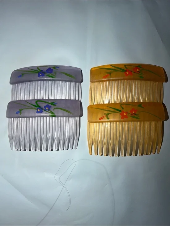 Vintage 80s GOODY Floral Hair Combs Lot of 4 Frosted Purple Honey Amber
