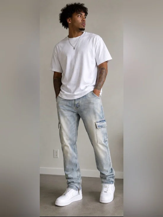 MNML Cargo Jeans Men’s 34 Light Wash Denim Utility Streetwear Y2K
