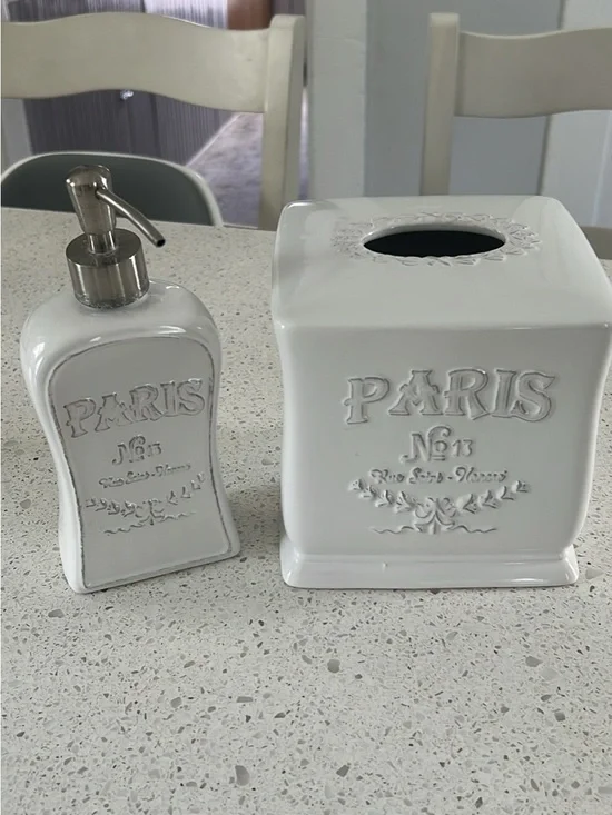 Paris Ceramic White Soap Dispenser and Tissue Cover Set