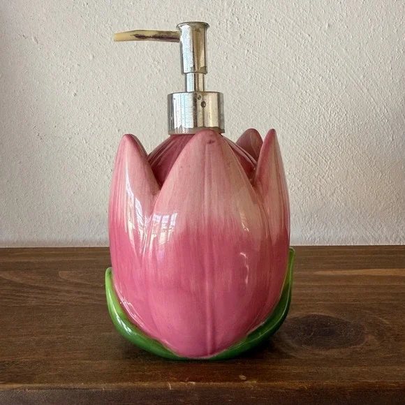 Vintage Avon RARE Pink Tulip Ceramic Soap Dispenser Sponge Holder Floral Decor