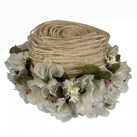 VINTAGE Schiaparelli Paris Floral Spring Hat Ivory Cream Flowers with Hat Box