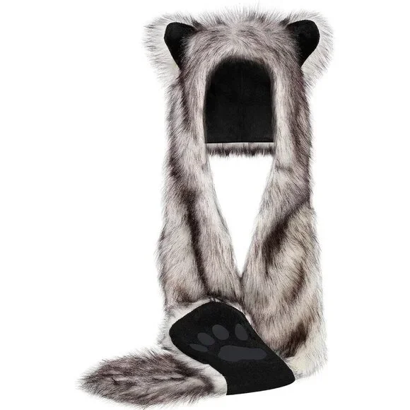 Faux Fur Wolf Hood Hat Scarf Mittens Winter Animal Accessories Unisex