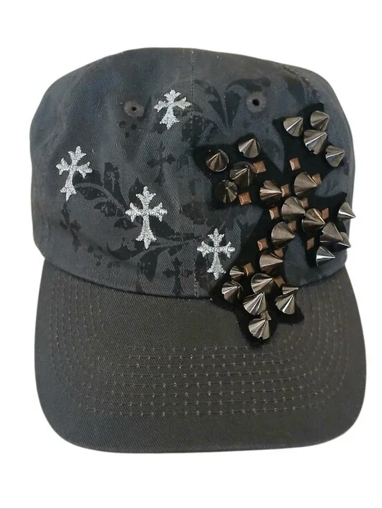 KB ETHOS Y2K Spiked Cross Embroidered Hat Gray Cyber Grunge Streetwear Adj