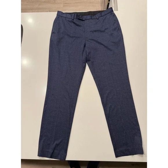 Victor Emmanuel Mens Blue Plaid Modern Fit Dress Pants 38x32 Flat Front Stretch