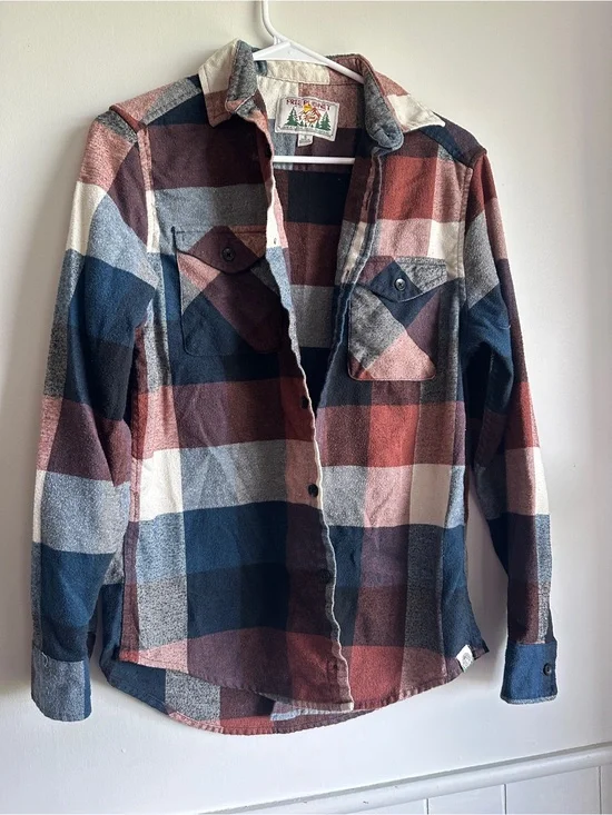 Free Planet Plaid Flannel Button Down Shirt Size S Rust Burgundy Blue Cotton