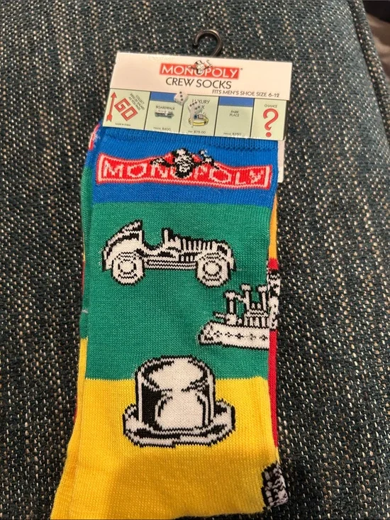 Monopoly Logo Crew Socks in Green, Blue & Yellow