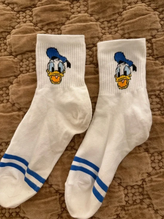 Disney White Crew Socks with Blue Stripes and Donald Duck Motif