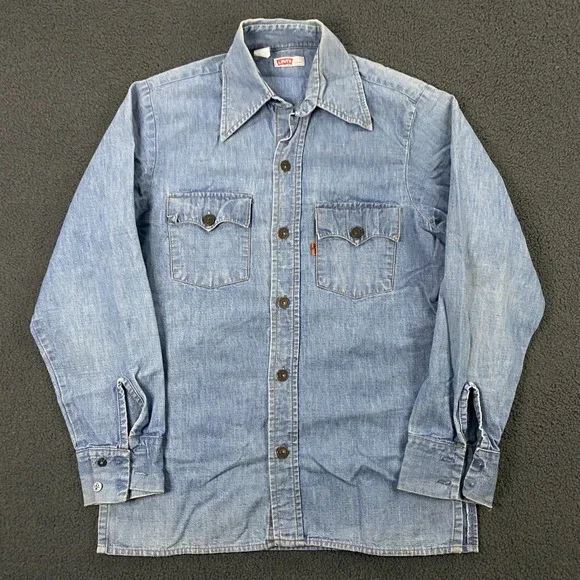 Vintage Levi's Denim Shirt Medium Orange Tab Dagger‎ Collar Western Jean 70s