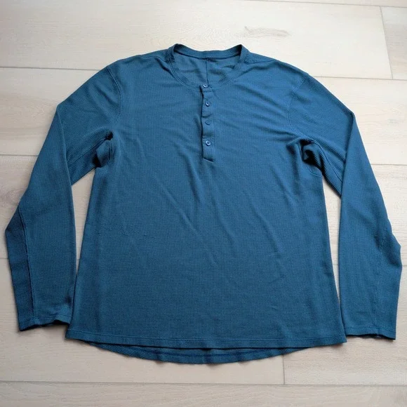 Lululemon Henley Long Sleeve Shirt Mens Large Blue Waffle Knit‎